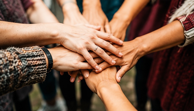 People joining hands in friendship and community